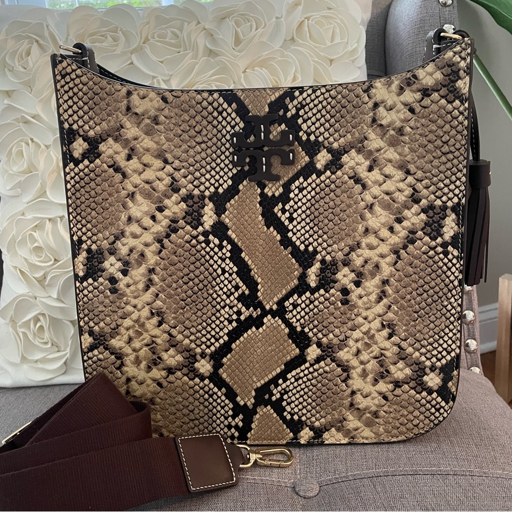 Tory Burch Large Thea Crossbody in “Exotica.”